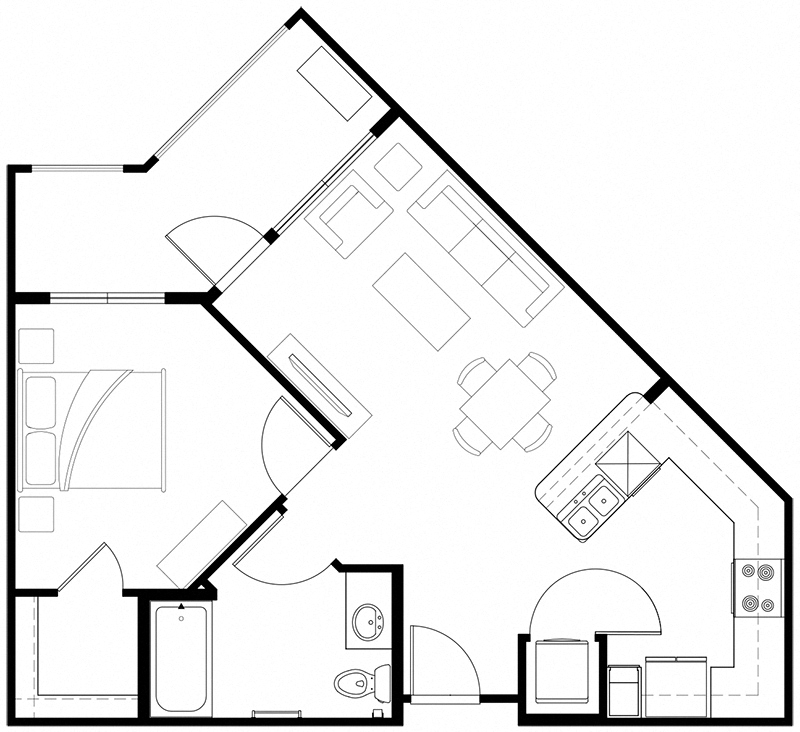 Floor plan for 1 bed, 1 bath, 588 sqft